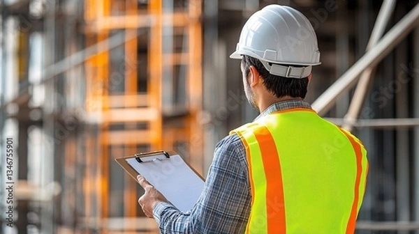 Fototapeta Civil Engineer Inspecting Construction Site from Behind, Wearing Safety Helmet and High-Visibility Vest, Holding Clipboard