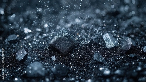 Fototapeta Close-up of a pile of small rocks and gravel in different sizes, shimmering with titanium dioxide powder. 
