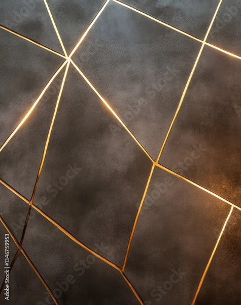 Fototapeta Modern, Geometric, Gold Lines, Dark Gray Tiles