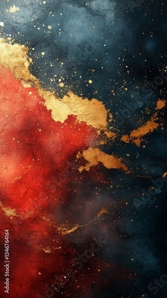 Fototapeta Ethereal red and gold abstract art with dark blue background and golden splashes