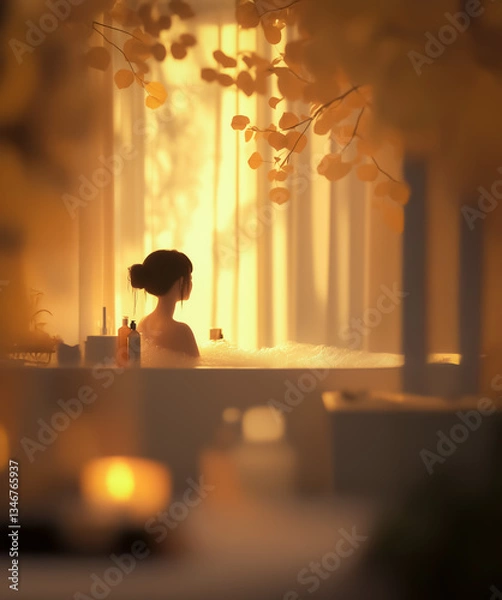 Fototapeta A luxurious bathroom scene with warm candlelight illuminating a person relaxing in a bubble-filled bathtub. The atmosphere is serene and calming.
