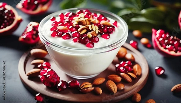 Fototapeta Yogurt with pomegranate in a bowl. Close up. 