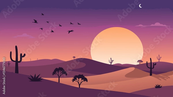 Obraz Sunset in the desert. Beautiful sunset over a minimalist desert landscape with silhouettes of cacti and distant mountains. Paint by numbers therapy