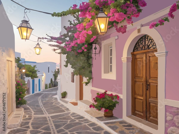 Fototapeta Old street in the old town of Greek. Explore the charm of a serene cobblestone street adorned with vibrant flowers and charming lanterns during twilight. Paint by numbers. DIY art