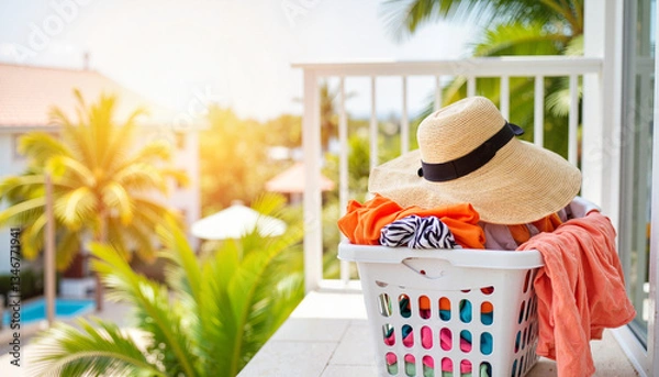 Fototapeta Colorful laundry basket on tropical balcony, summer vibes