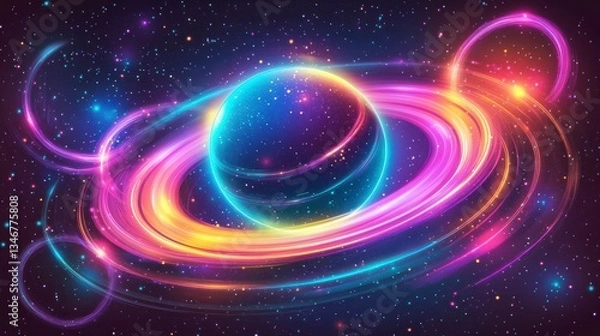 Fototapeta Vibrant neon planet with glowing rings in space.