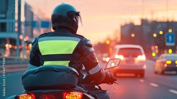 Fototapeta Motorcyclist in reflective gear riding on a busy city street during sunset, cars in background