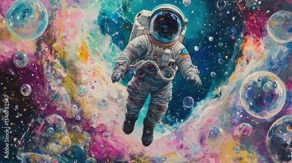 Fototapeta A vibrant painting of an astronaut surrounded by colorful bubbles, floating through a whimsical galaxy on an otherworldly planet.