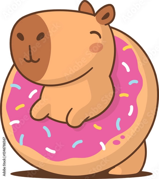 Fototapeta Kawaii vector illustration of a chubby capybara with a happy expression, standing inside a pink-frosted donut covered in colorful sprinkles isolated on white.