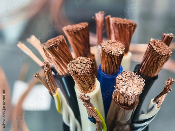 Obraz Various types of electrical wires showing copper strands and insulation in a workshop setting