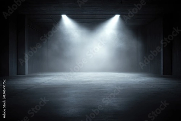 Fototapeta Empty, dark, concrete room with spotlights
