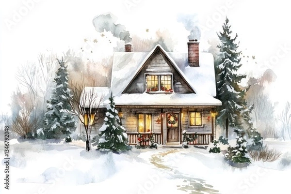 Fototapeta A watercolor illustration of a cozy winter house adorned for Christmas, with soft brushstrokes and a transparent background.