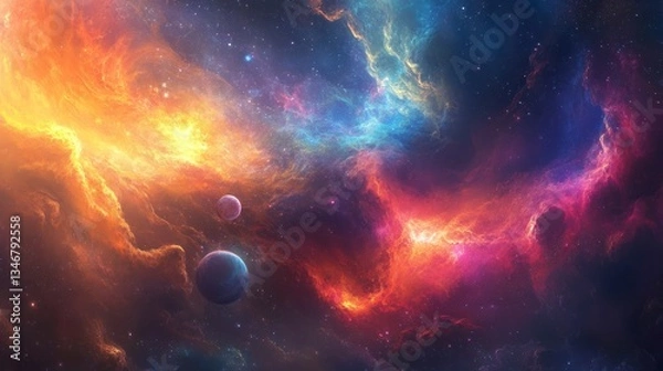 Obraz Vivid nebula with fiery orange and blue cosmic clouds, two planets.