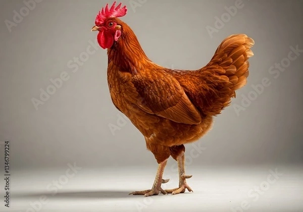 Obraz A bright red feathered chicken stands gracefully on a clean white background. Suitable for farm, poultry or organic food themes. High quality stock image for various creative purposes.