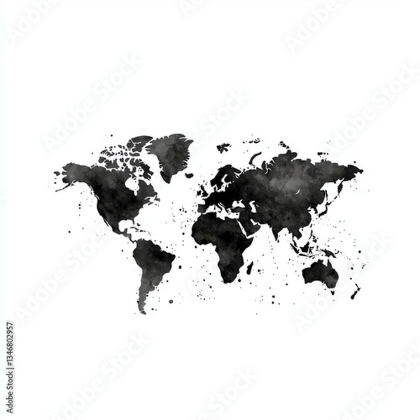 Fototapeta Stylized watercolor world map illustration, artistic design with splashes and textures, perfect for educational and decorative purposes.