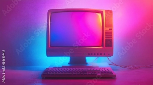 Fototapeta Vintage computer with colorful lighting set against a softly lit background, creating a nostalgic atmosphere