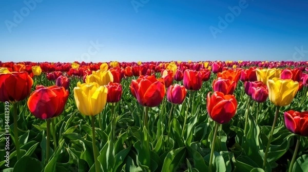 Fototapeta A vast field displays numerous colorful tulips under a blue sky