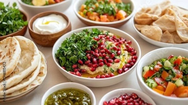 Fototapeta Vibrant Middle Eastern Mezze Feast with Hummus Pomegranate Salad and Flatbreads on Tablecloth Still Life