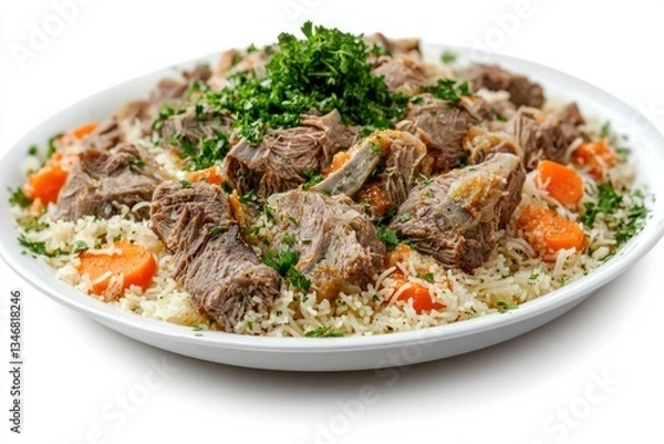 Fototapeta Authentic central asian plov with tender beef carrots rice fragrant spices and fresh herbs served on a white plate a culinary delight