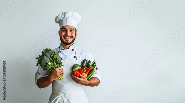 Fototapeta Joyful Chef Posing with Colorful Vegetables Against White Background
