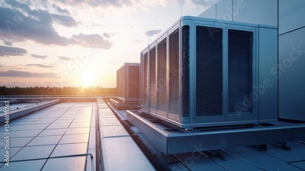 Fototapeta a photo of an air HVAC air handling unit on a roof of a modern, contemporary building. The sun is shining