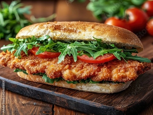 Obraz Delicious schnitzel sandwich with fresh tomatoes and arugula on rustic wooden board close up