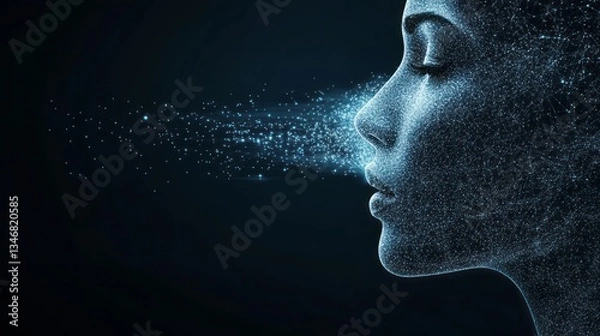 Fototapeta AI portrait of a woman enveloped in sound wave particles, in a futuristic and high-tech style. Marketing concept for speech technology and computer communication generated by artificial intelligence.