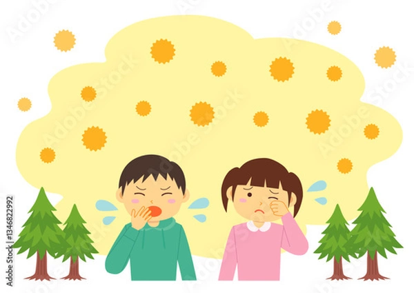 Obraz 木から飛散する花粉と花粉症の子どものイメージイラスト
