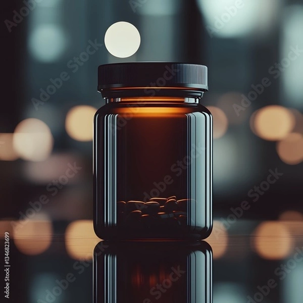Fototapeta A sleek amber glass supplement jar with a black lid sits on a reflective surface against a blurred modern background showcasing its minimalist design and premium quality perfect