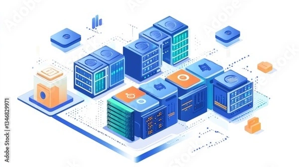 Fototapeta A vibrant illustration of a digital data center with servers and storage solutions interconnected in a tech environment