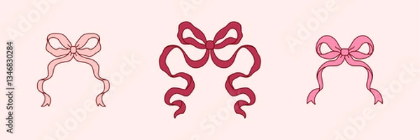 Obraz Pink Coquette Bow Set. Vector Retro Ribbons Illustration. Bowknot for Print, Patterns, Postcard, Valentines Cards, Menu, Wedding Invitations, Poster, Branding and Logo.