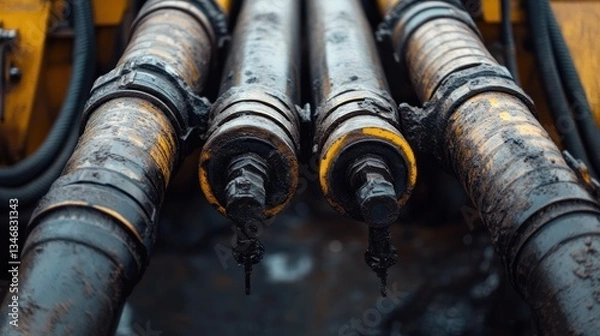 Fototapeta Close-up of dirty, mud-caked industrial hydraulic cylinders.