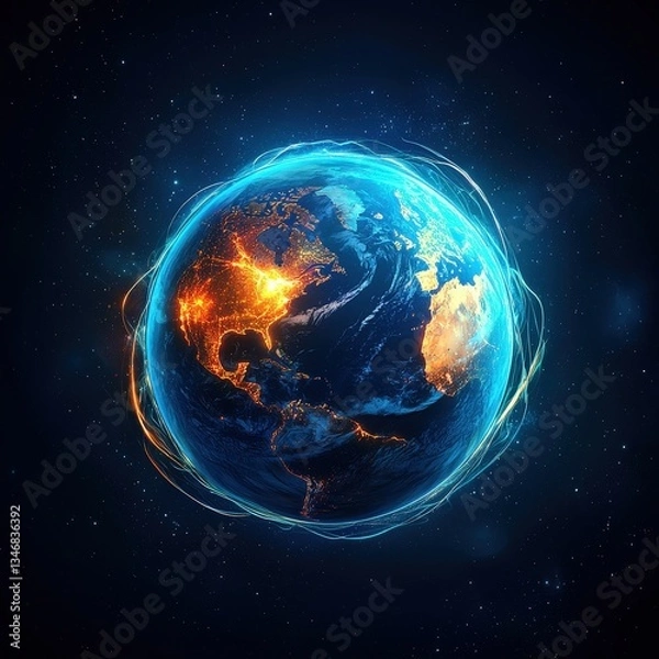 Fototapeta Glowing Earth with Aurora Effects in Cosmic Space Background