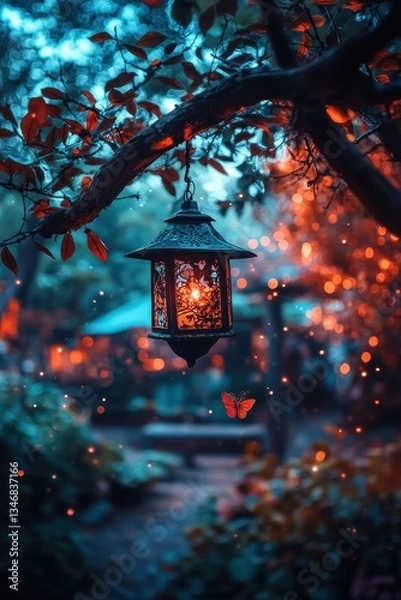 Fototapeta A beautifully lit lantern hangs from a tree, surrounded by vibrant foliage and soft, glowing lights, creating a magical atmosphere with a butterfly nearby.