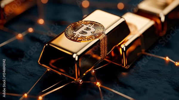 Obraz Digital Render: Bitcoin on Gold Bar