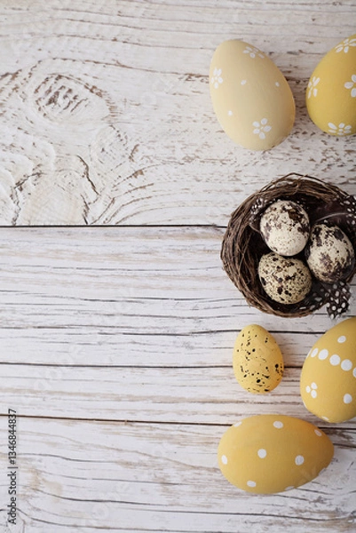 Obraz yellow easter eggs on rustic wooden background