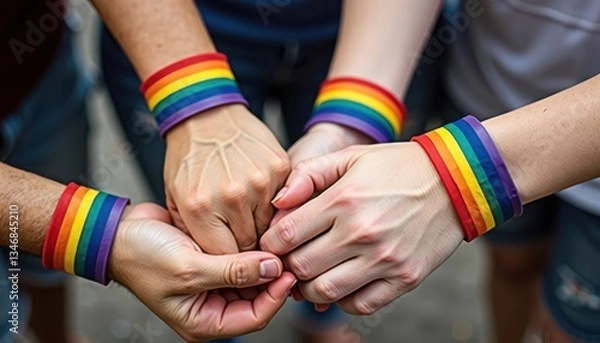 Fototapeta Four hands join in a colorful fist bump, each wearing rainbow wristbands, symbolizing unity, diversity, and LGBTQ+ pride. This image captures the celebratory spirit of Pride Month