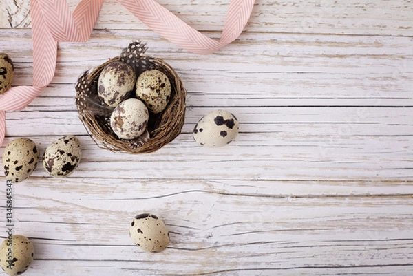 Obraz easter eggs on rustic white wooden background