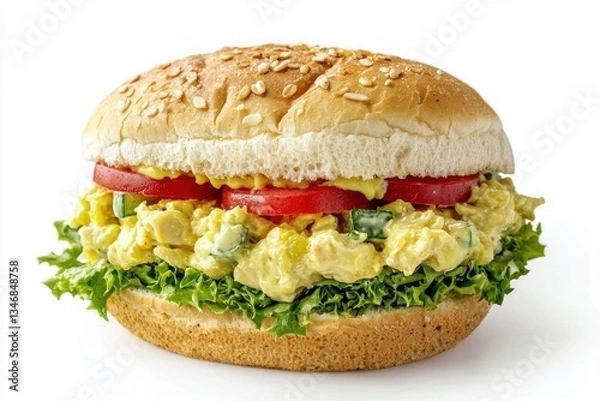 Fototapeta Delicious chicken salad sandwich with fresh lettuce tomato and cucumber on a white background perfect for food photography