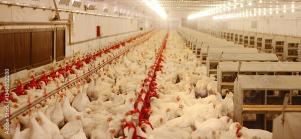 Obraz Chicken farm, eggs and poultry production. Chickens drink water and eat. Horizontal wide angle view