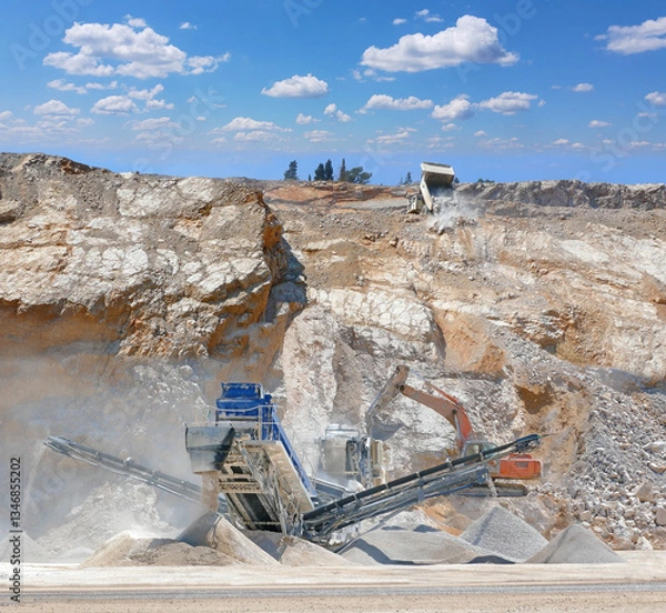 Fototapeta Stone crushing machine at open pit mining, processing plant for crushed stone. Piles of gravel stone and conveyor belts. Excavator and truck loading rocks. Concepts of industry and building materials
