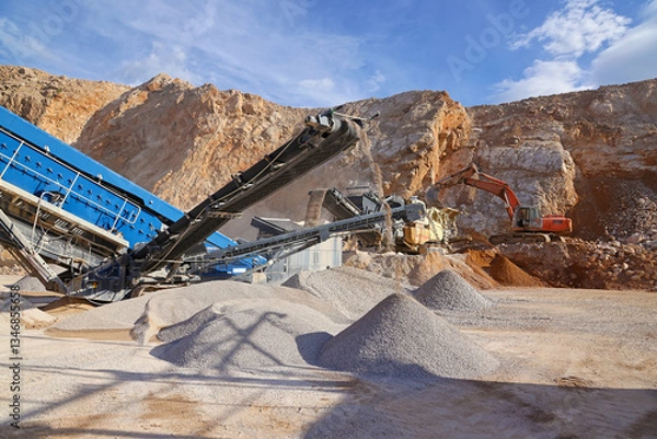 Obraz Stone crushing machine at open pit mining and processing plant for crushed stone. Piles of gravel stone and conveyor belts. Excavator loading rocks. Concepts of industry and building materials