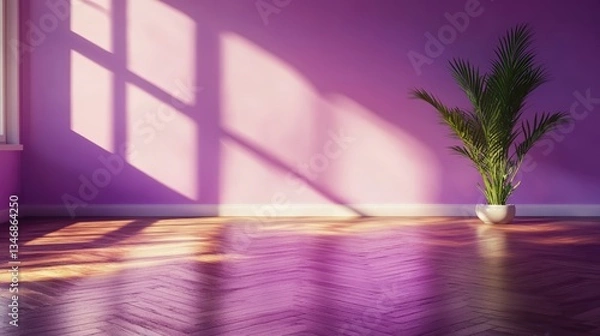 Obraz Sunlight streaming through a window creates serene shadows on a purple wall and hardwood floor featu a solitary potted palm plant in white pot