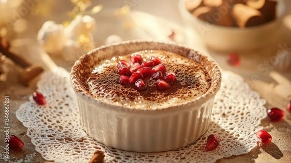 Fototapeta Creamy dessert with pomegranate seeds and cocoa powder topping in warm lighting with soft background