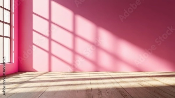 Obraz Sunlight Streaming Through a Large Window Casting Intriguing Shadows on a Pink Wall and Light Brown Wood Floor in an Empty Room Interior Space