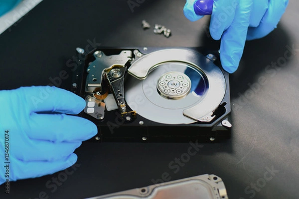 Obraz A technician in a hard disk assembly lab is disassembling and repairing a hard disk on a workbench, wearing gloves and holding a screwdriver to repair the hard disk or recover data.