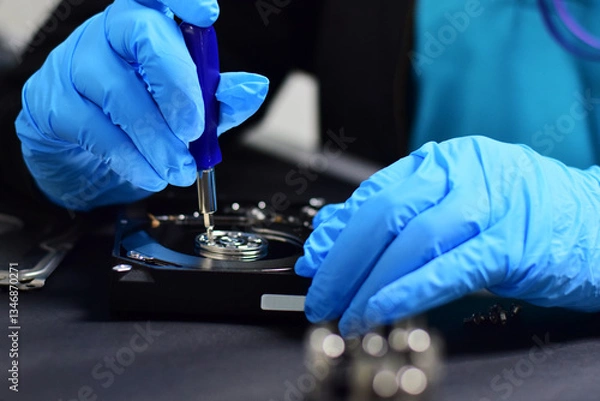 Fototapeta A technician in a hard disk assembly lab is disassembling and repairing a hard disk on a workbench, wearing gloves and holding a screwdriver to repair the hard disk or recover data.