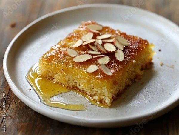 Fototapeta Golden Slice of Basbousa Delight with Almonds on a Rustic Plate Sweet Middle Eastern Treat