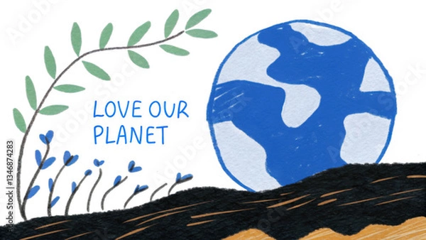 Obraz Earth day World Environment Day text Love Our Planet Earth PNG, Earth illustration PNG, poster banner background botanical environment day minimal with lettering 