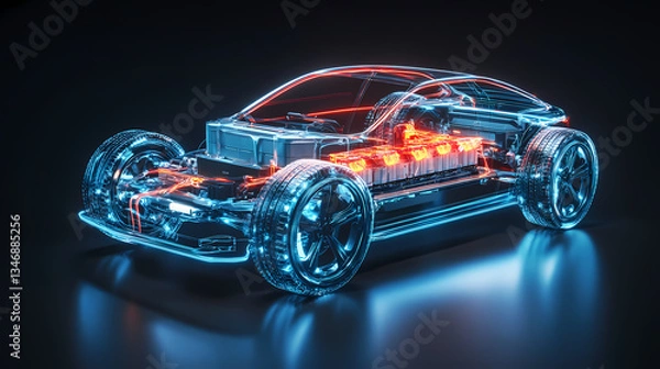 Fototapeta Electric Car Technology: Futuristic depiction of an electric vehicle, showcasing its internal systems and energy source.